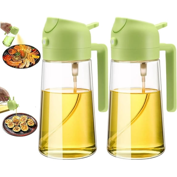 Olive Oil Sprayer for Cooking - 2 in 1 Oil Dispenser and Oil Sprayer - 16.5oz/470ML Glass Spray Bottle with Premium Nozzle,Oil Dispenser Bottle for kitchen, Cooking ,Air Fryer,Salad,Grilling (2pcs)