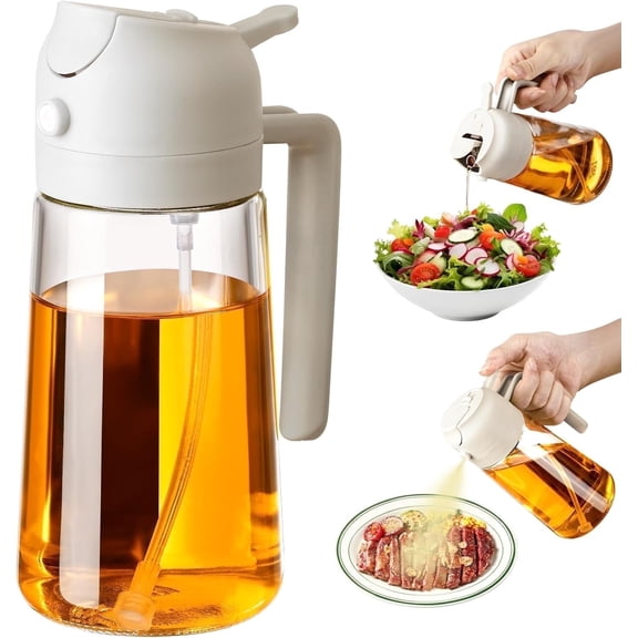 Dompilc 470ml Glass Olive Oil Sprayer - 2-in-1 Dispenser/Pour Bottle for Air Fryer, Salad, BBQ (White)