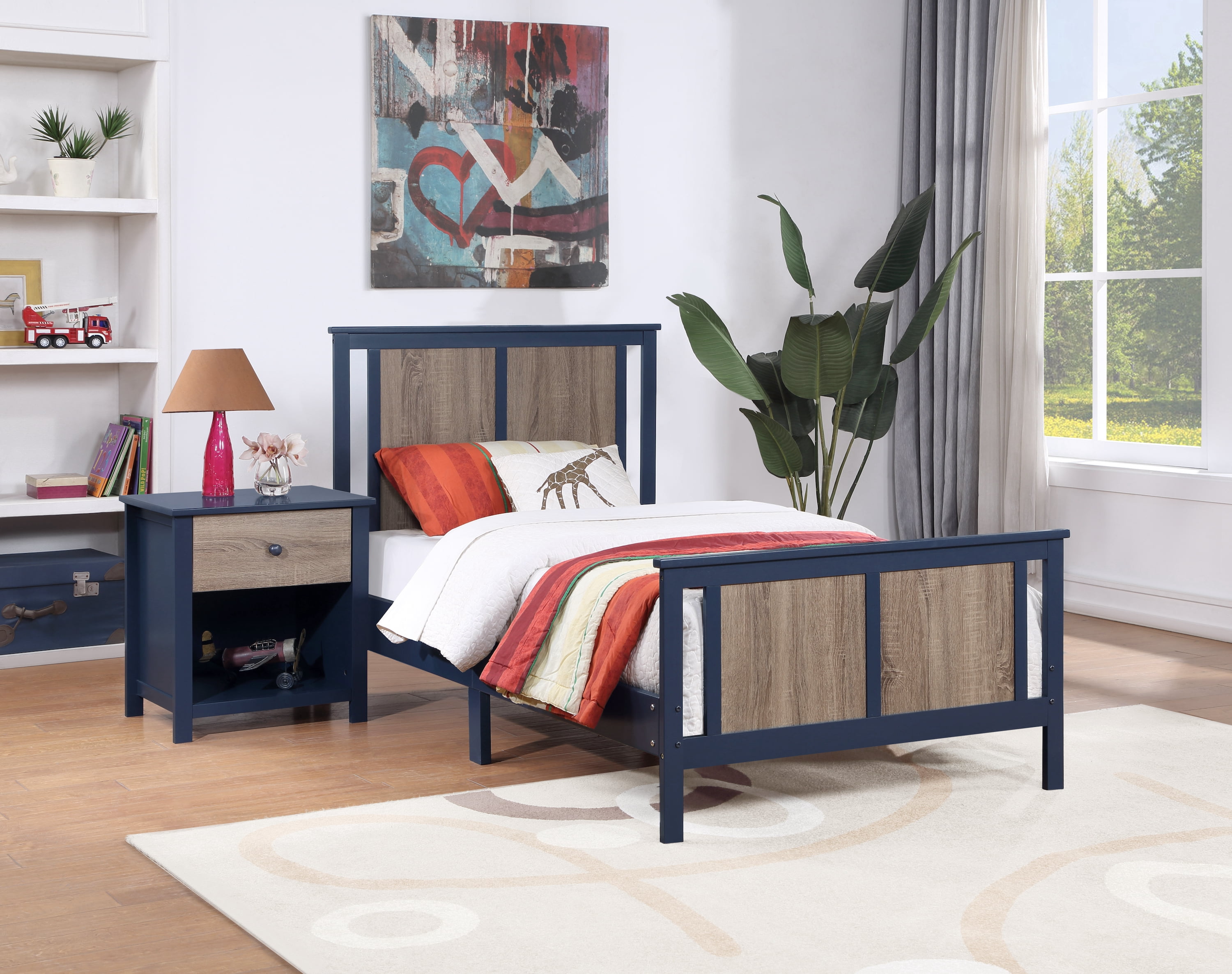 Olive & Opie Connelly Kids Twin Modern Wooden Bed with Headboard and Footboard, Blue/Vintage Walnut