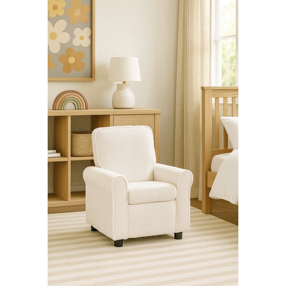 Olive & Opie Jordan Kids/Toddler Recliner Chair - Push Back Lounge Sofa for Boys & Girls Age 3+, Soft Wooly White