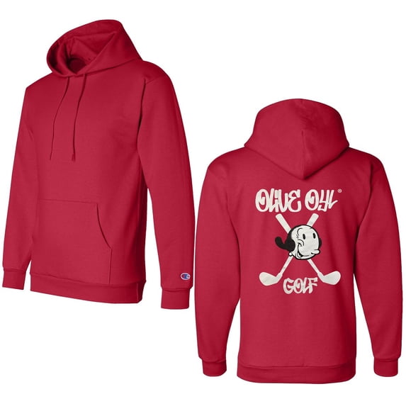 Olive Oyl Golf Unisex Powerblend Fleece Pullover Hoodie Red/Back Logo Print, Medium