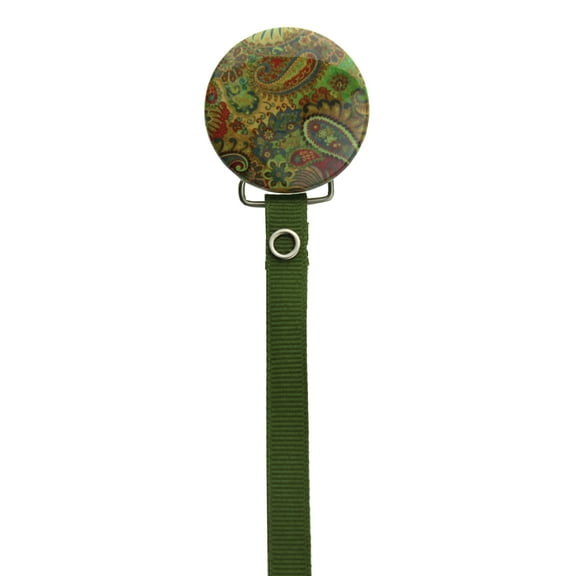 Olive Paisley Pacifier Clip with Matching Ribbon