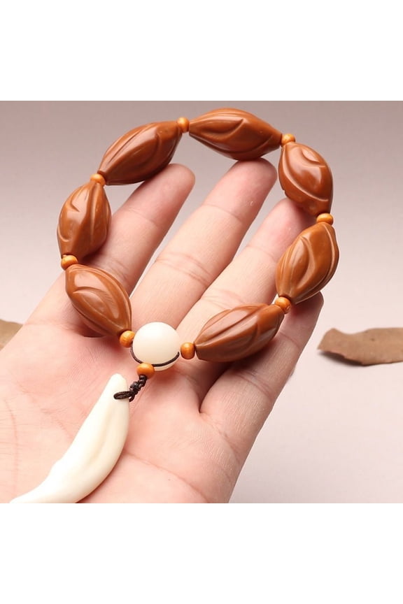 Olive Pit Carved Pendant Hand Polished Amulet Imitation Dog Tooth Bead Bracelet Unisex Adjustable Vintage Style Jewelry
