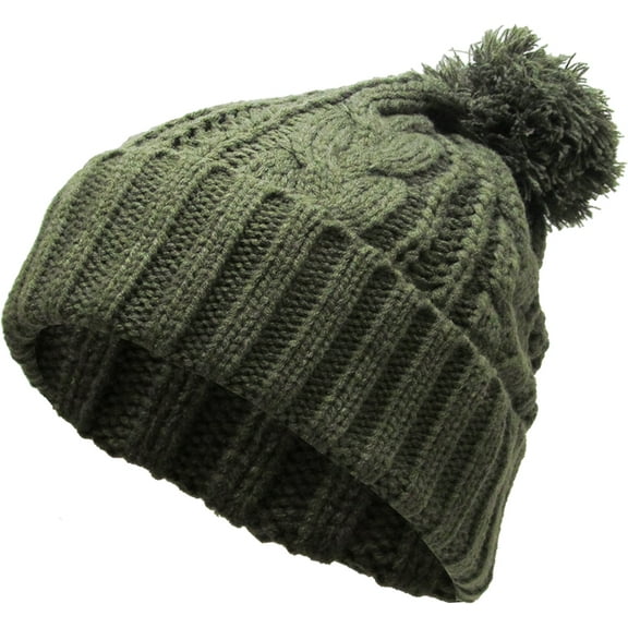 Olive Slouchy Cable Knit Pom Pom Beanie Winter Cap Chunky Skull Hat Ski Kinit Warm New