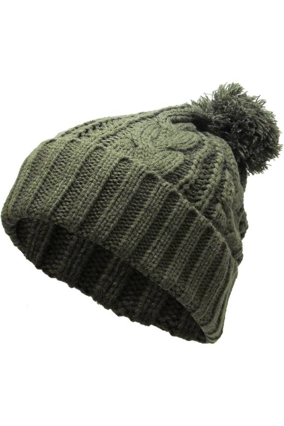 Olive Slouchy Cable Knit Pom Pom Beanie Winter Cap Chunky Skull Hat Ski Kinit Warm New