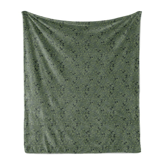 Olive Soft Flannel Fleece Throw Blanket, Pastel Tone Vegetation Leaves and Branches, Cozy Plush for Indoor and Outdoor Use, 70" x 90", Evergreen Sage Green, by Ambesonne