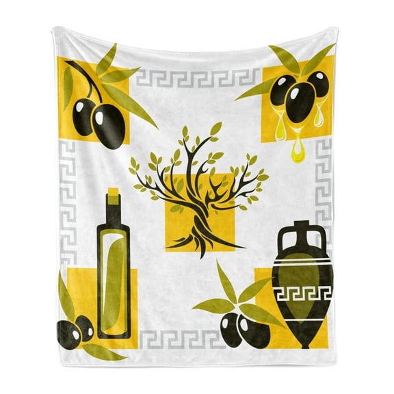 Olive Soft Flannel Fleece Throw Blanket, Simplistic Folk Inspired Designs and Items, Cozy Plush for Indoor and Outdoor Use, 60" x 80", White Mustard, by Ambesonne