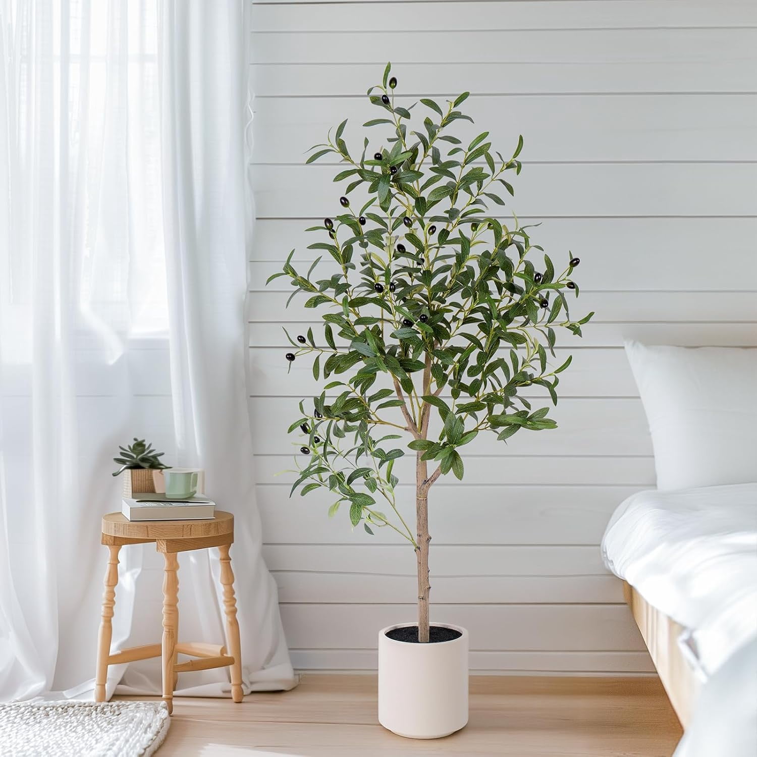 Olive Tree Artificial Indoor, 4ft Tall Silk Faux Olive Tree with White ...