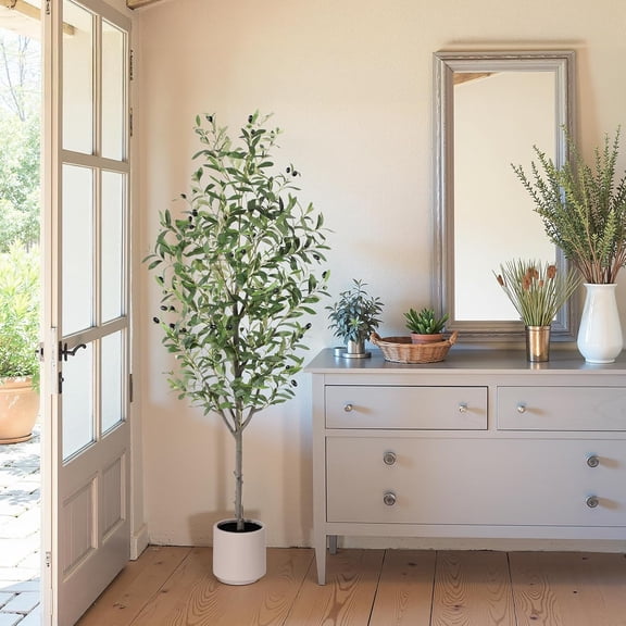 Olive Tree Artificial Indoor, 5ft Tall Silk Faux Olive Tree with White Planter, Artificial Plants with Natural Wood Trunk and Lifelike Fruits for Home Office Decor
