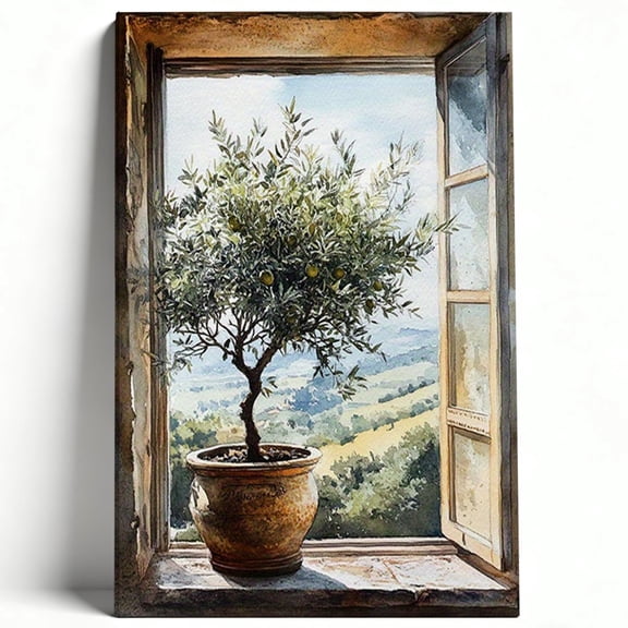 Olive Tree in Pot Window View Canvas Wall Art Mediterranean Landscape Watercolor Painting Tuscan Window Living Room Kitchen Decor Print Ready to Hang 12" x 16"