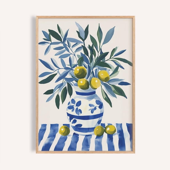 Olive Tree Print: Mediterranean Kitchen Wall Art, Blue Vase Still Life Unframed Paper Print