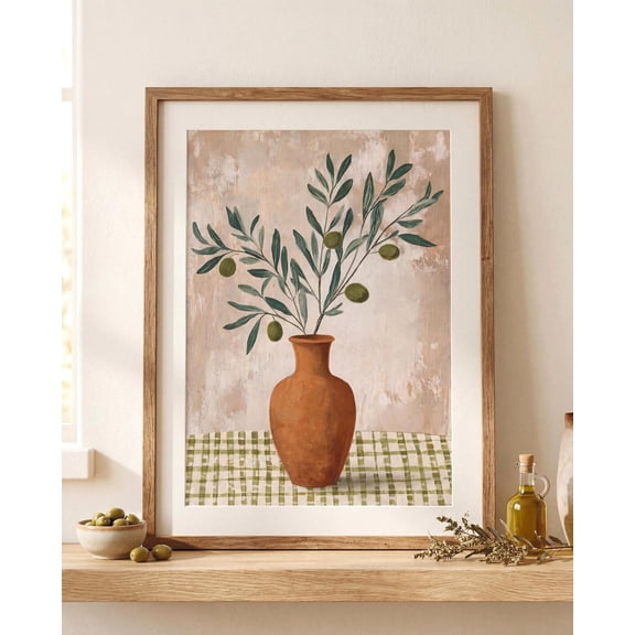 Olive Tree Print, Tuscan Kitchen Wall Art, Rustic Vase Poster, Italian Botanical Decor, Mediterranean Farmhouse Painting, Poster Only