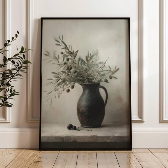 Olive Tree Stems in Vase Vintage Olives Muted Wall Art, Unframed Canvas 16x20in