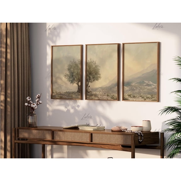 Olive Tree Wall Art Green Beige Rustic Set 3 Stretched Canvas 8x12