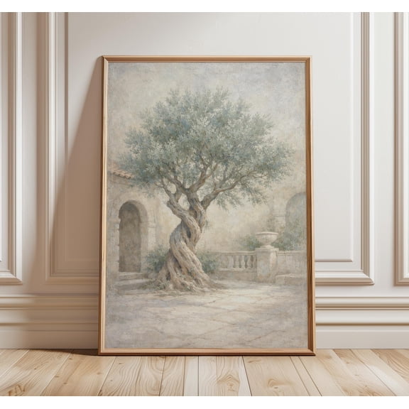 Olive Tree Wall Art Print, Mediterranean Courtyard Art, Neutral Fresco Style Print, Rustic Italian Poster , Poster Print Only