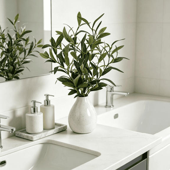 Olive Trees Artificial Indoor 14 Inch Fake Olive Tree Pot Faux Olive Greenery for Home Office Room Table Modern Decor(WhiteCeramic Vase)
