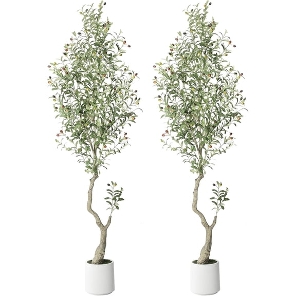 Olive Trees Artificial Indoor, 5FT/6FT/7FT Tall Realistic Olive Tree with White Tall Planter, Artificial Plants With Lifelike Fruits,Fake UV Resistant Artificial Tree With Green Moss for Home Office D
