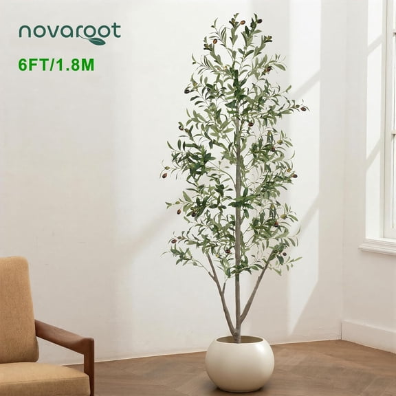 Olive Trees Artificial Indoor, 6FT Tall Faux Olive Tree with Moss and Planter, Artificial Plants Indoor with Natural Wood Trunk and Lifelike Fruits, Fake Tree for Home Office Living Room Decor