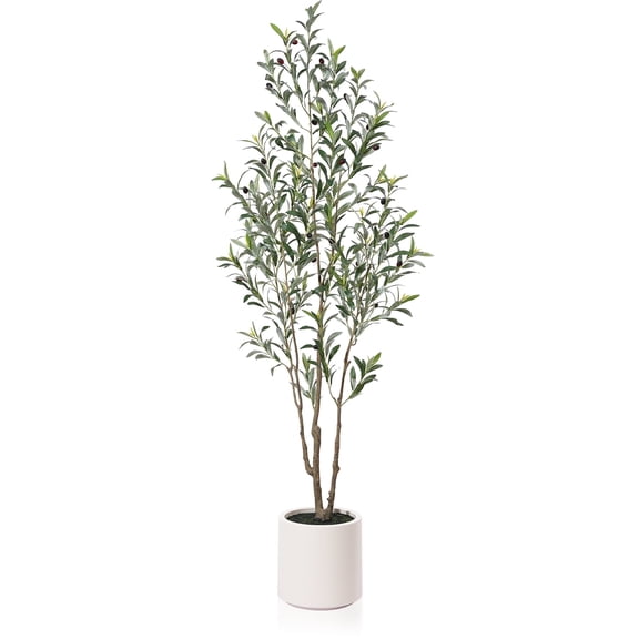 DR.Planzen 6FT Artificial Olive Tree Indoor, Faux Olive Tree with White Tall Planter, Fake Potted Olive Plant with Lifelike Fruits for Home Office Living Room Decor