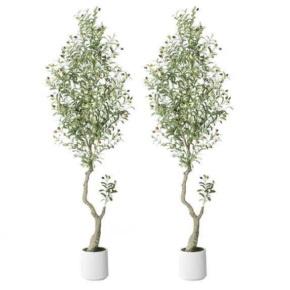 7ft Olive Trees Artificial Indoor-Tall Fake Plants with 72 Lifelike Olive Fruits 864 Dense Leaves-Faux Plants in White Imitation Ceramic-Perfect for Modern Home Decor-2pack