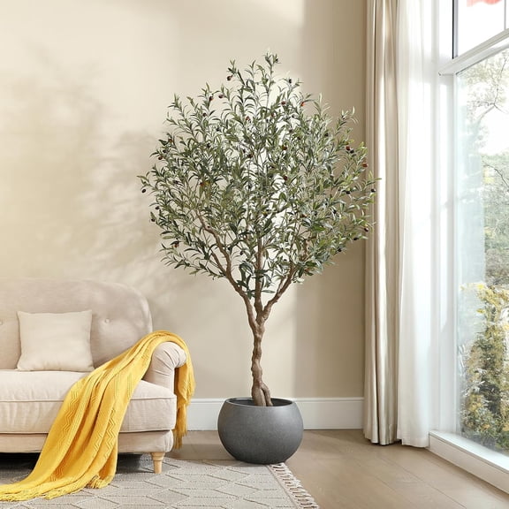 Olive Trees Artificial Indoor, 7Ft Artificial Olive Plants, Tall Faux Olive Tree, Fake Topiary Silk Tree in Pot with Olive Branch & Fruit, Home Office Modern Decor Gift for Housewarming 1Pack