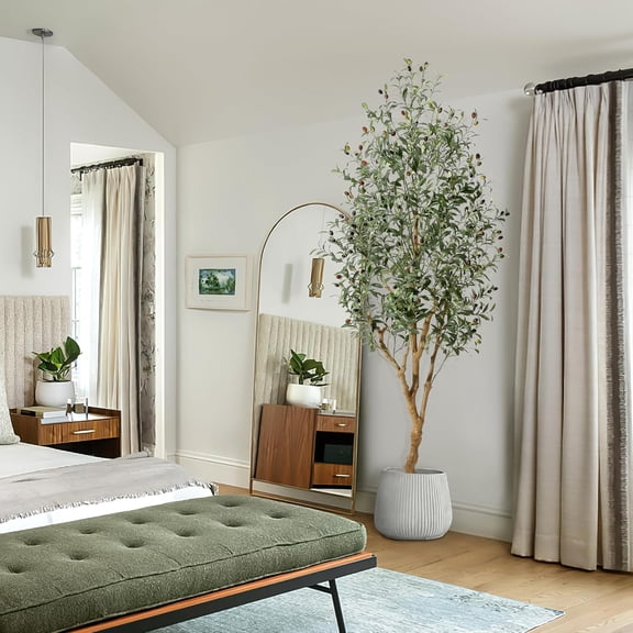 Olive Trees Artificial with Planter, Realistic Large Silk Olive Tree Faux with Black Planter, Artificial Plants with Natural Wood Trunk and Fruits for Home Office Decor