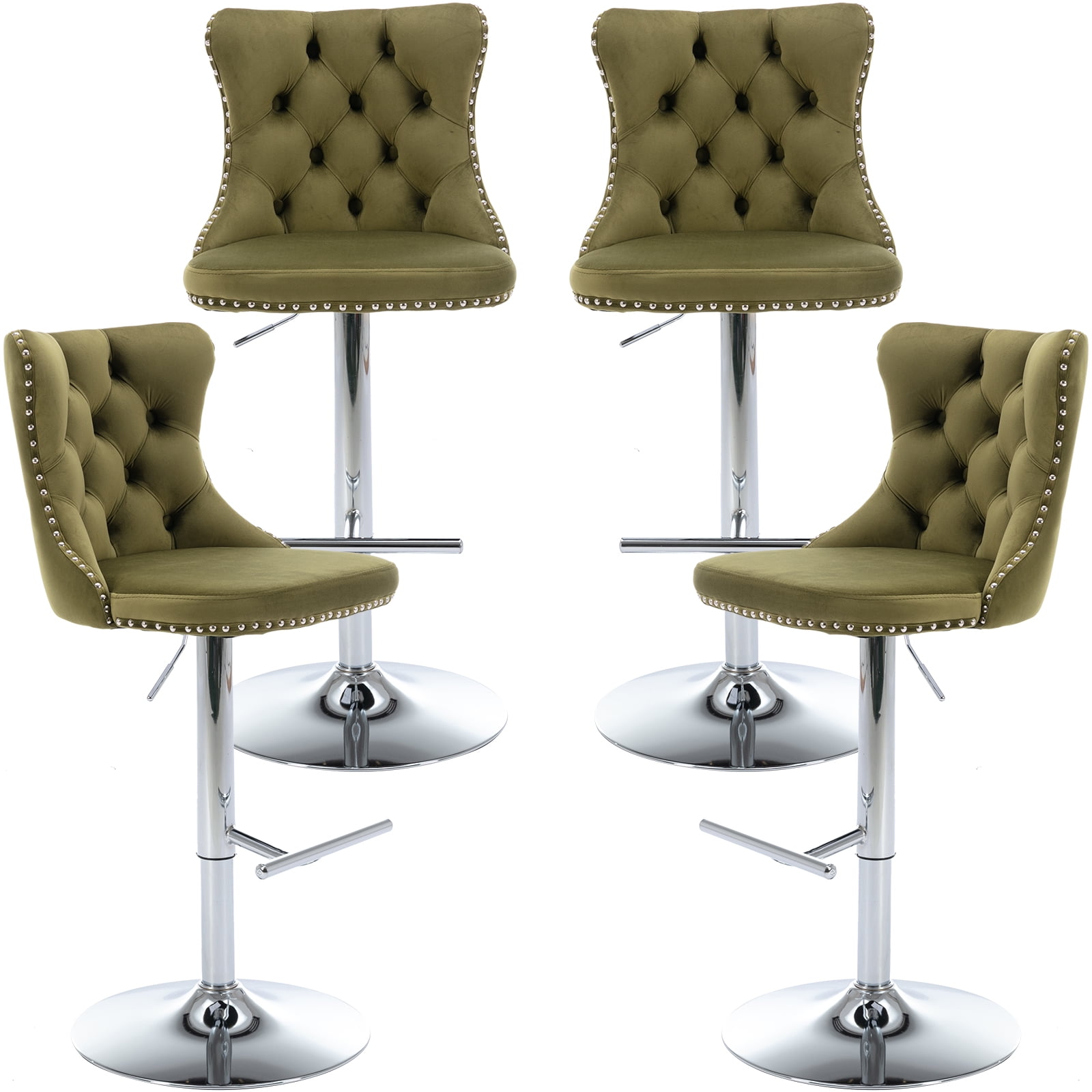 Olive Velvet Bar Stools Set of 4 Adjustable Swivel Olive Green