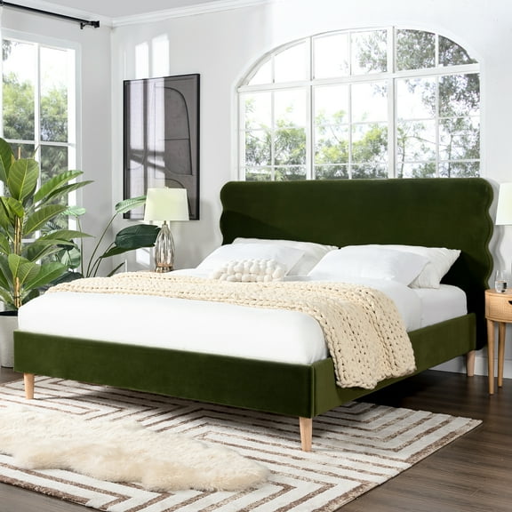 Olive Velvet King Bed With Platform And Wavy Headboard Support Retro In Fabric