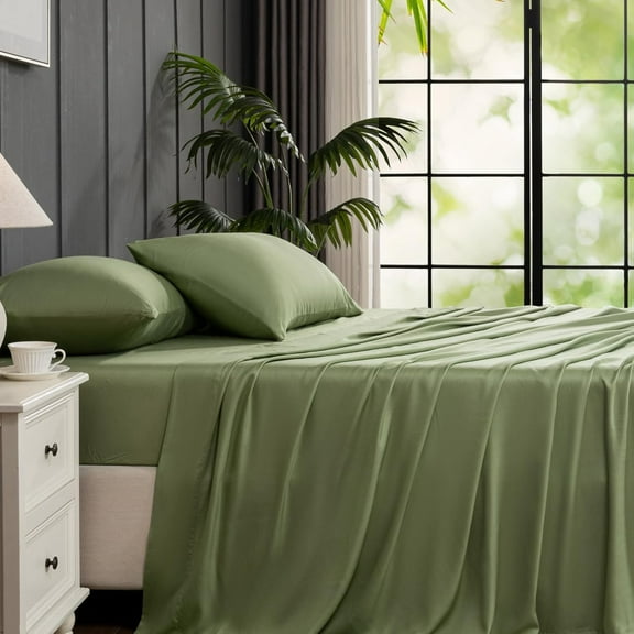 Olive   Viscose Derived from  Sheet Set  Size, 4 count Cooling Silky Bed Sheets for Hot Sleeper, Luxury Soft Deep Pocket Fitted Bedsheets