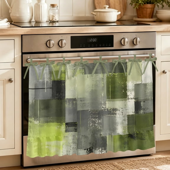 Olive Wash Oven Skirt with Ribbon Ties&Ruffled Trim - Chartreuse Block Handmade Oven Curtain for Dishwasher, Washing Machine Cabinet Effortless Install, Hide Clutter 27"x20"