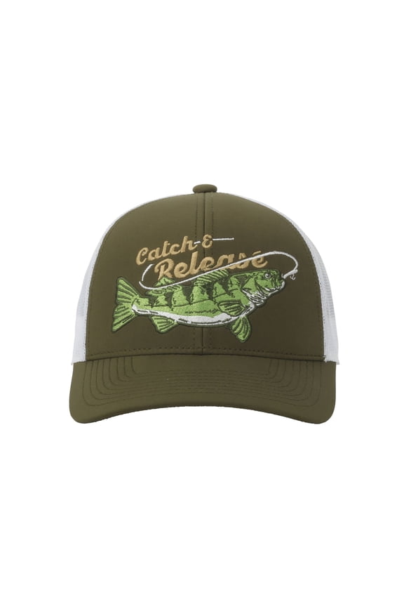 Olive/White Walleye 5-Panel Fishing Cap Structured, Embroidered, Snapback, One Size