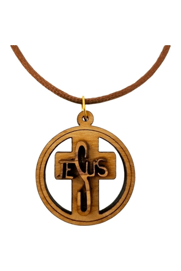 Olive Wood 3D Jesus Cross Round Necklace