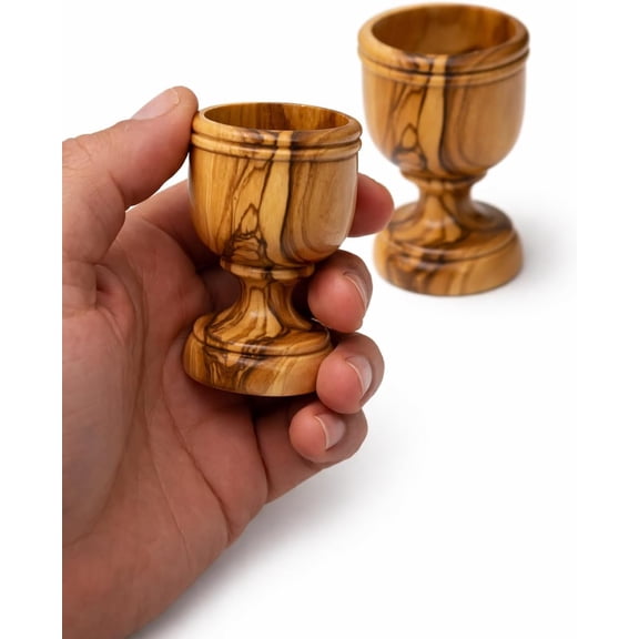 Olive Wood Communion Wine Cup Set of 2 | Small 2.8 Inch Handmade Chalice Cups from Bethlehem Holy Land | Religious Ceremony and Church Use | Hand Wash Only