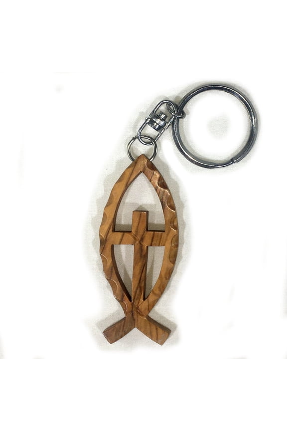 Olive Wood Cross in Ichthus Keychain