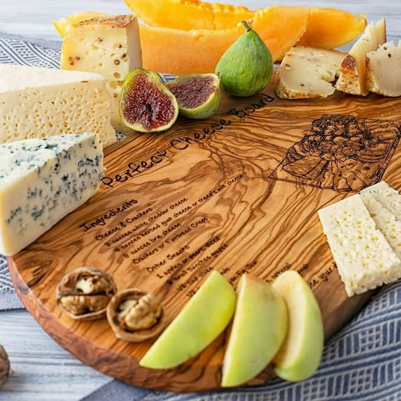 Olive Wood Engraved Recipe Board, 21" Handmade Charcuterie Board, Wooden Chopping Board & Countertop Block