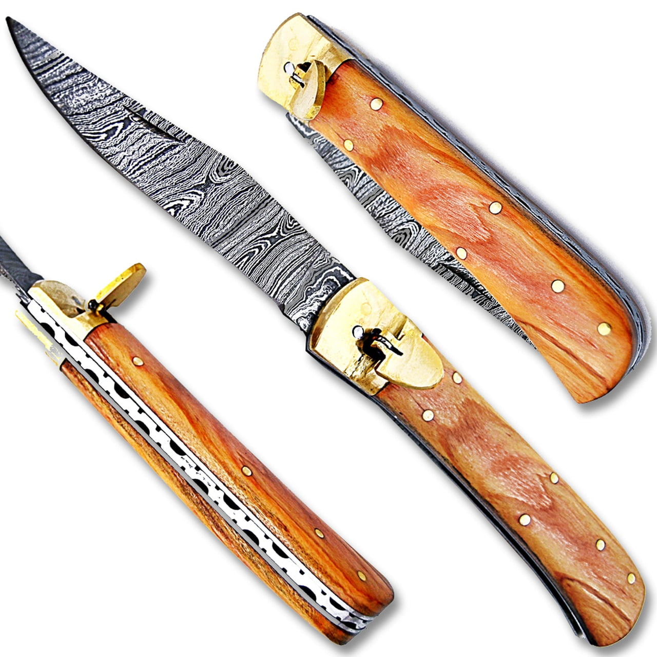 Olive Wood Handle Damascus Lever Lock Knife