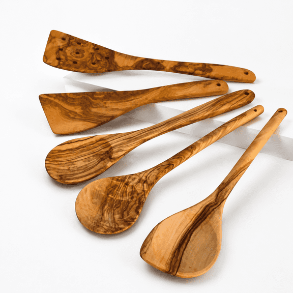 Olive Wood Handmade 5 Piece Kitchen Utensil Set For Nonstick Cookware Cooking Baking Serving