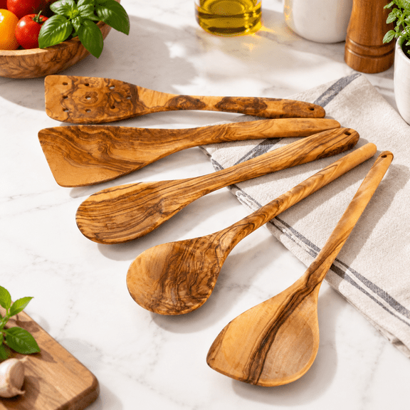 Olive Wood Handmade 5 Piece Kitchen Utensil Set For Nonstick Cookware