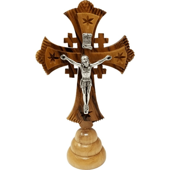 Olive Wood Jerusalem Cross Crucifix on Stand - Large