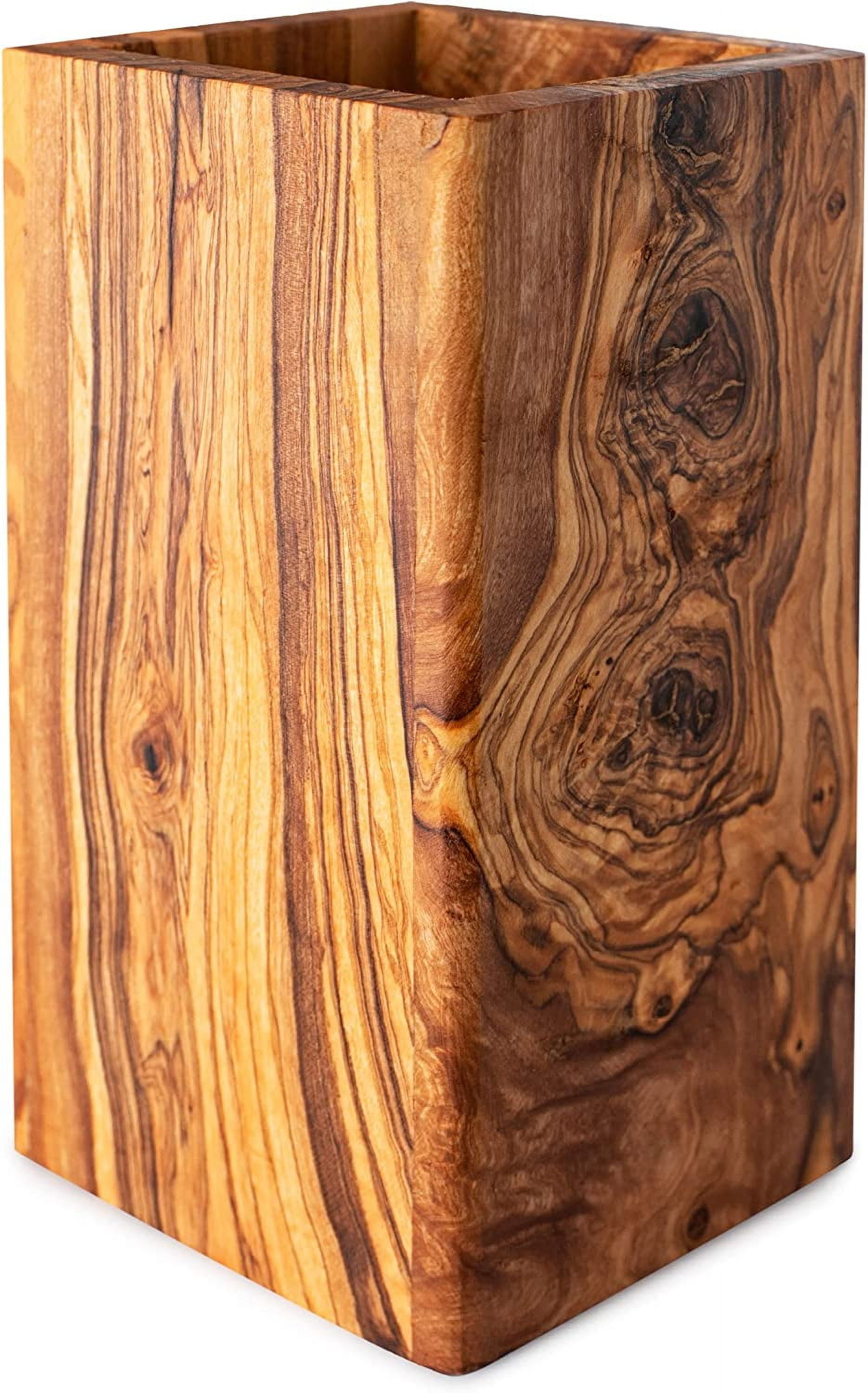 Olive Wood Large Utensil Holder - 6 x 4" Wooden Kitchenware Organizer - Utensil & Spoons Holder for Countertop