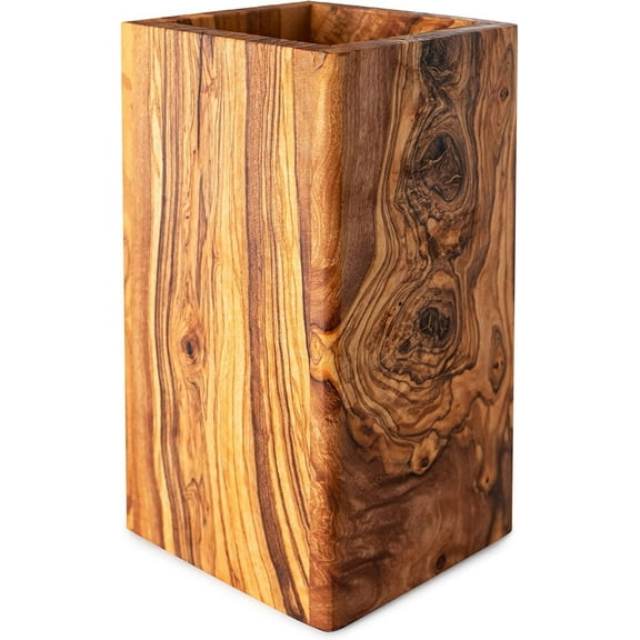 Olive Wood Large Utensil Holder - 6 x 4" Wooden Kitchenware Organizer - Utensil & Spoons Holder for Countertop