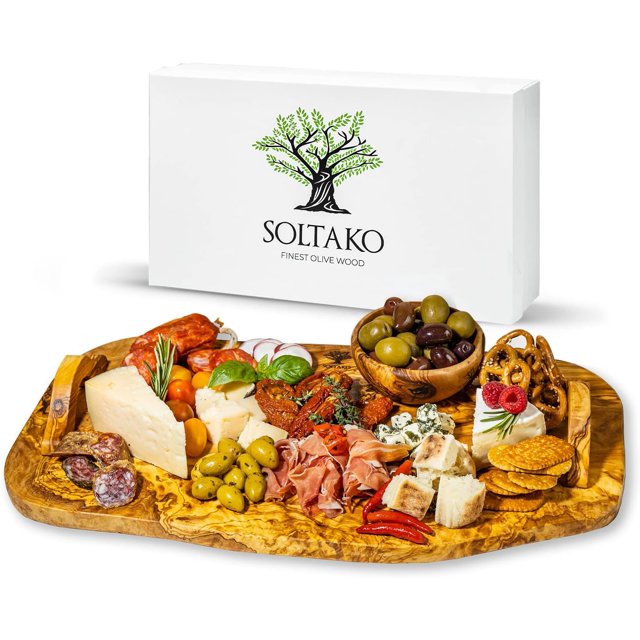 Olive Wood Meat And Board With Handles, Large Wooden Charcuterie Board