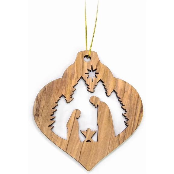 Olive Wood Ornaments from The Holy Land - 2D Vintage Bulb Wooden Nativity Ornament, Nativ - 3x3 Christian Christmas Ornaments for Tree Decorations & Seasonal Decor