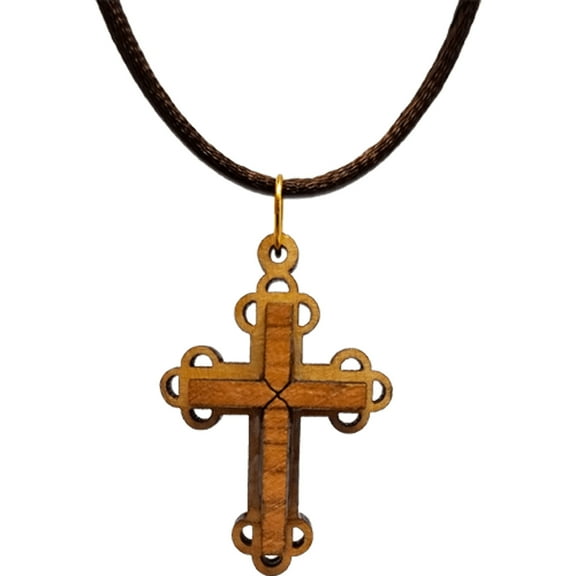 Olive Wood Raised Filigree Bottony Cross Necklace