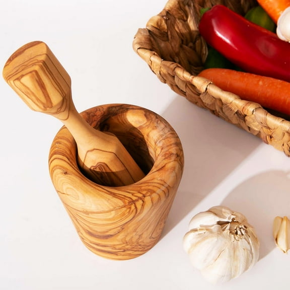 Olive Wood Round Mortar and Pestle Set