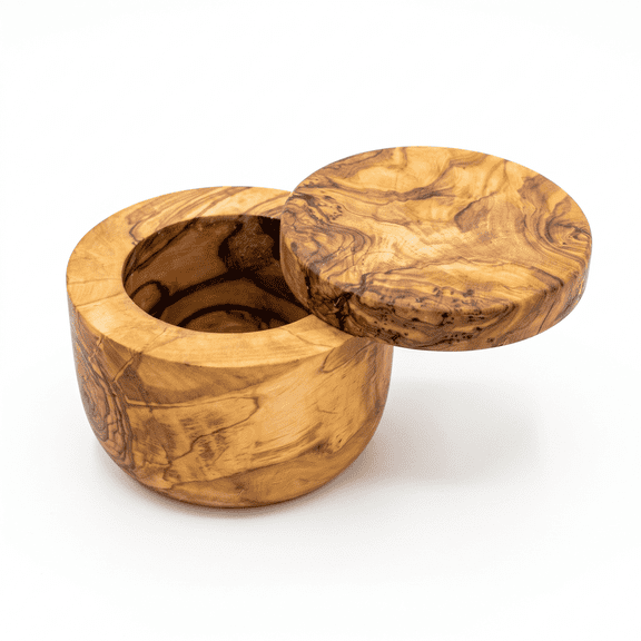 Olive Wood Salt Cellar with Swivel Lid Round Spice Keeper & Seasoning Canister
