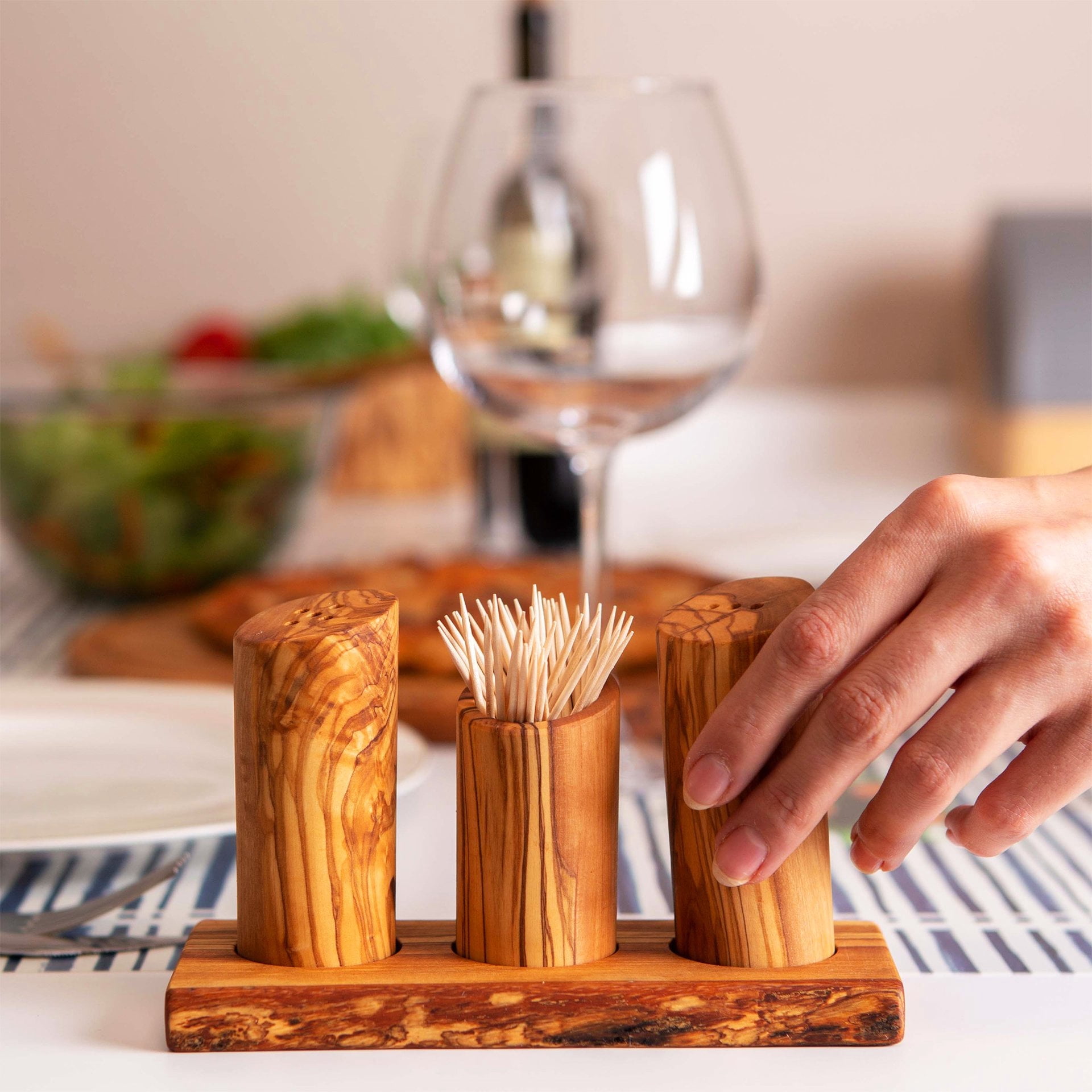 Olive Wood Set, Salt & Pepper Shaker with Toothpick Holder