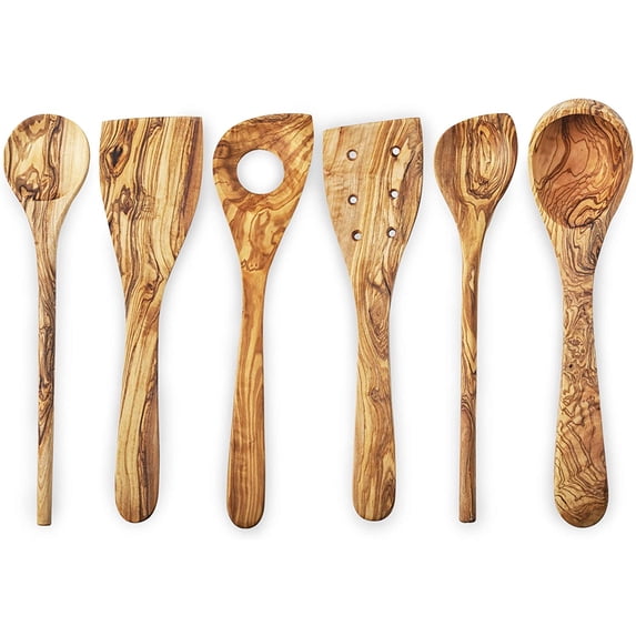 Olive Wood Utensils Set for Kitchen - 6pcs Non-stick & Non Scratch Wooden Spoons & Spatulas