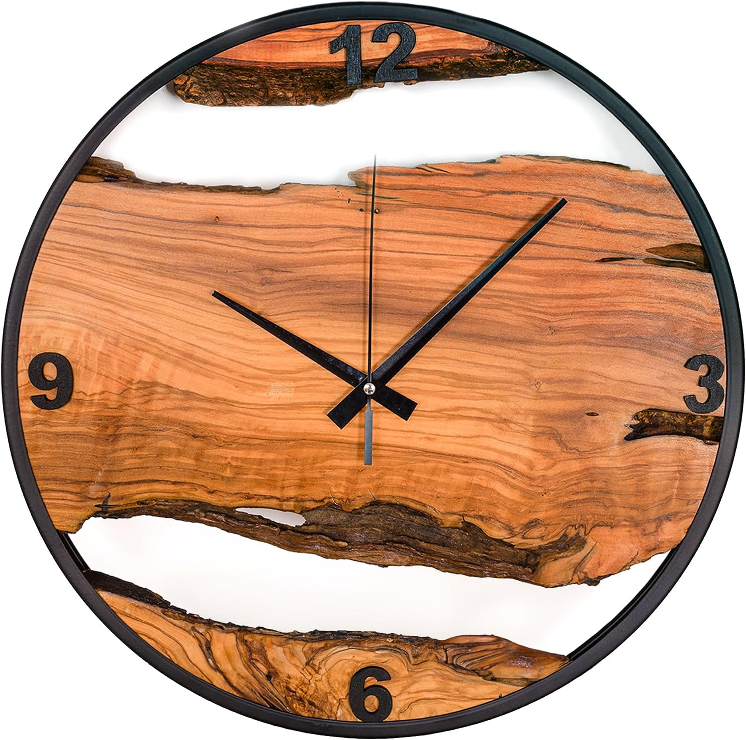 Olive Wood Wall Clock15″ Metal Frame & Non Ticking Live Edge ClockIrregular Shape Vintage