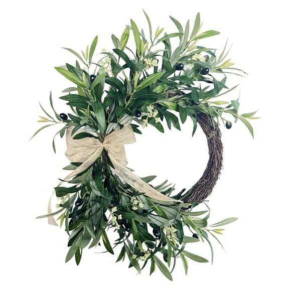 Olive Wreaths for Front Door, Artificial Spring Summer All Seasons Year Round Green Olive Branch Wreath for Home Outdoor Indoor Farmhouse Porch Window